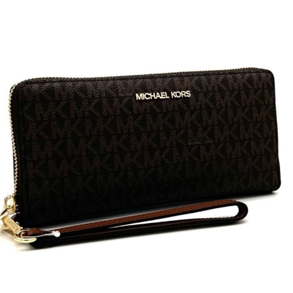 Michael Kors Large Jet Set Travel Continental Wallet Wristlet Brown Signature
